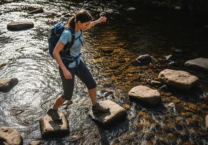 A woman in full hiking gear carefully steps across rocks in a shallow creek, testing her waterproof boots.