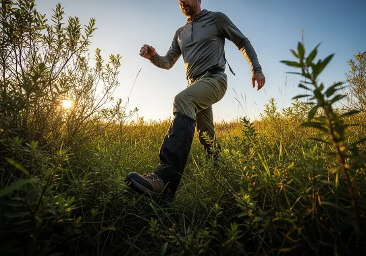 A full-body, low-angle shot of a hiker wearing protective snake gaiters while walking confidently through dense, grassy terrain.