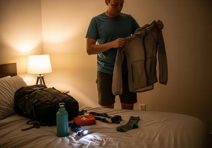 A person in a full-body shot stands beside a bed with essential hiking gear, like a rain jacket and water bottle, neatly laid out for packing.