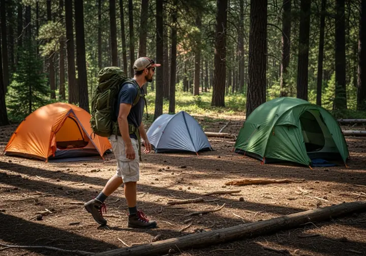 A hiker with a backpack walks through a forest campsite, looking at several different backpacking tents that are set up.