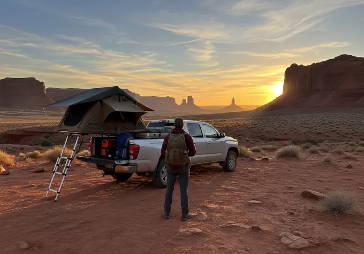 A hiker in a full-body view stands near their truck, which has a tent in the bed, admiring a vast desert landscape at sunset.