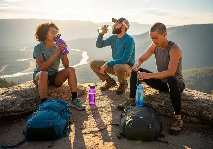 Three hikers relax on a boulder during a break, each using a different type of water bottle: one insulated, one wide-mouth, and one with a filter.