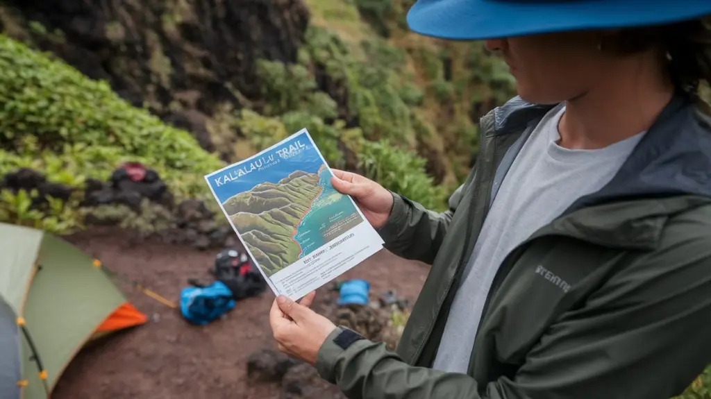 A hiker holding a Kalalau Trail permit and map, showcasing the importance of planning and proper documentation.