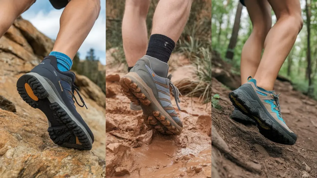 A comparison of cool hiking shoes on rocky, muddy, and forest trails, showcasing grip, waterproofing, and flexibility.