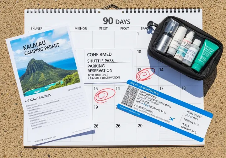 Flat lay of a Kalalau Trail camping permit, shuttle pass, flight pass, and toiletries, showing the 90-day countdown to the trailhead.