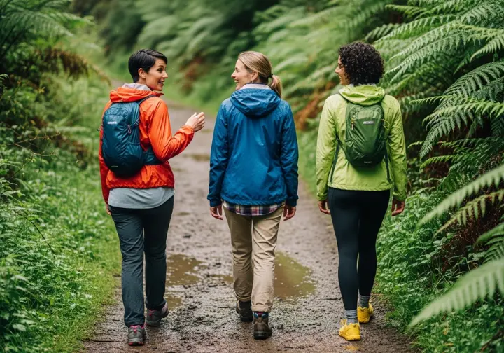 Three women hikers wearing different styles of rain jackets walk in a line on a muddy trail through a lush, green forest.