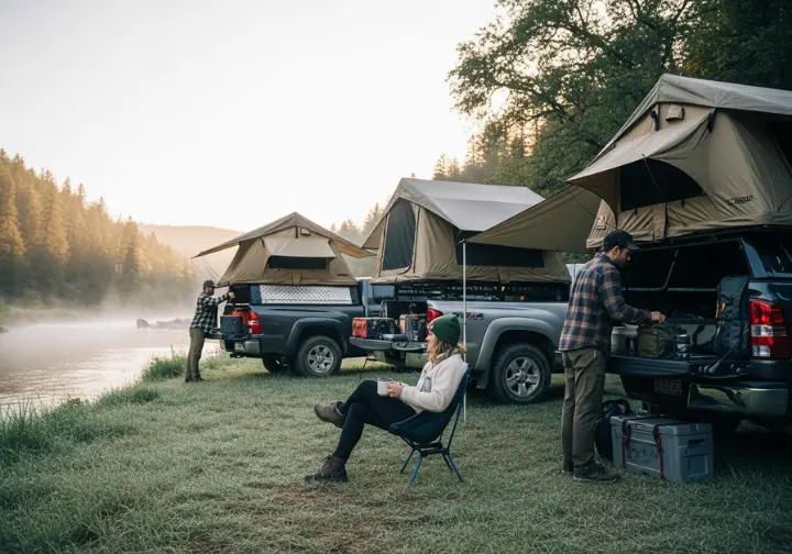 Three different pickup bed tents are set up at a riverside campsite, with two hikers relaxing and organizing gear in the morning light.