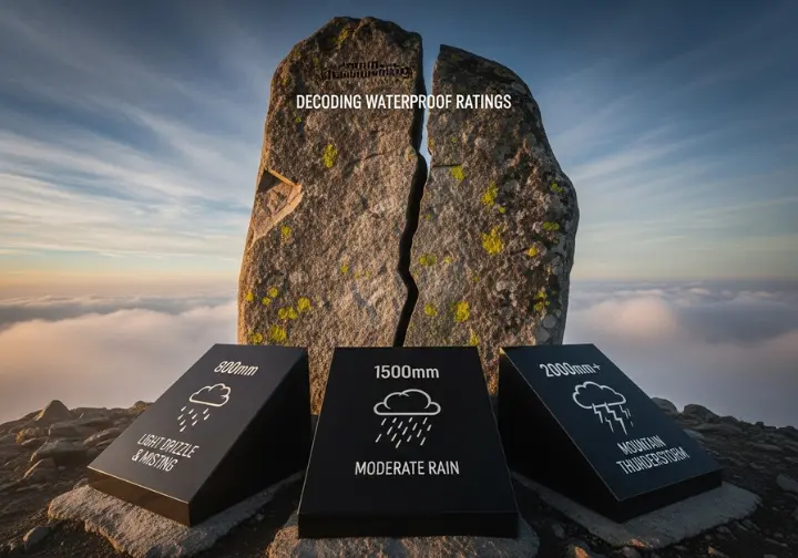An infographic visually decoding what 800mm, 1500mm, and 2000mm+ waterproof ratings mean in real-world weather scenarios.
