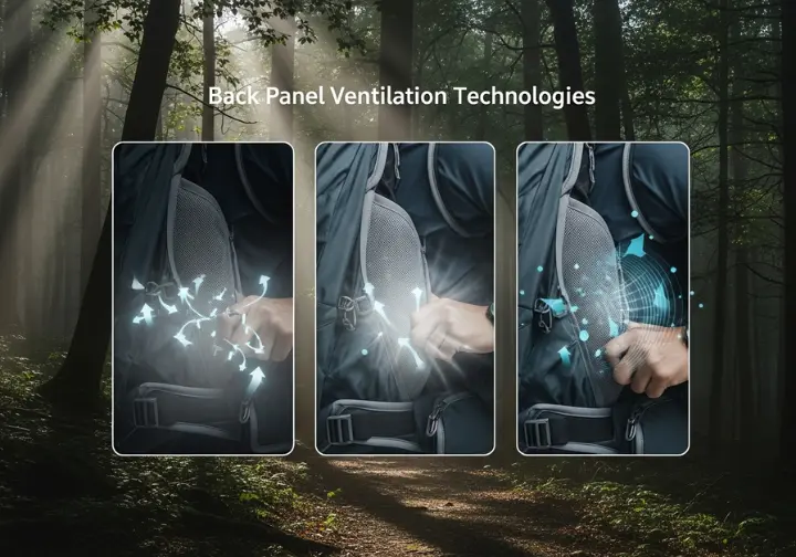 A side-by-side visual comparison of three backpack back panel ventilation technologies: Suspended Mesh, Foam Channels, and Full Contact, shown on hikers in an atmospheric forest setting.