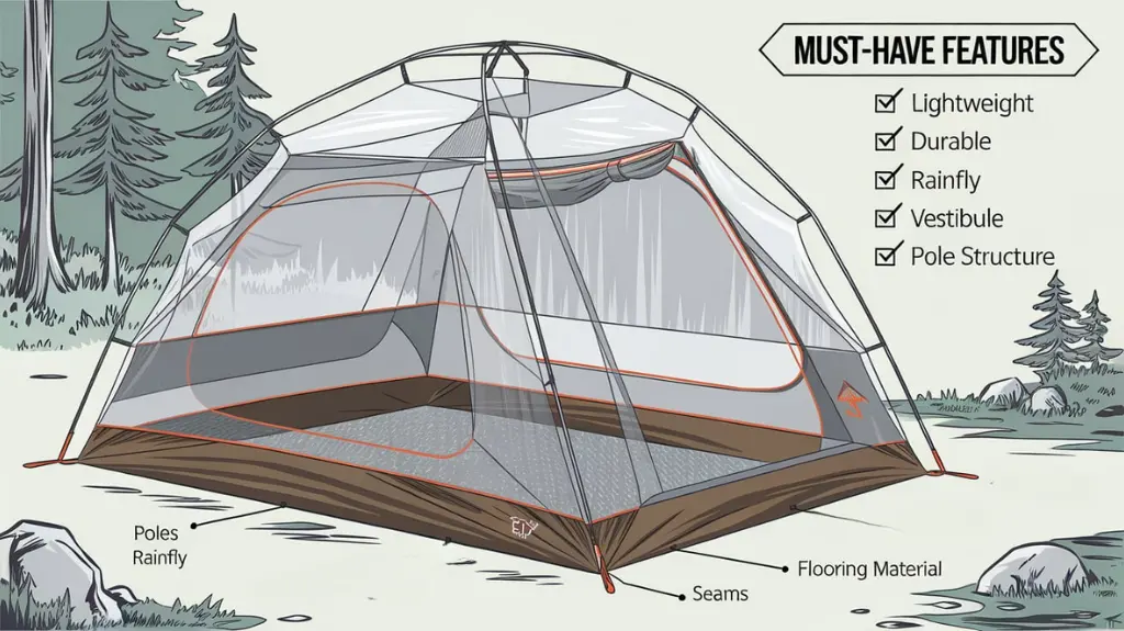 An infographic detailing the components of a backpacking tent, including poles, rainfly, and flooring, with a feature checklist.