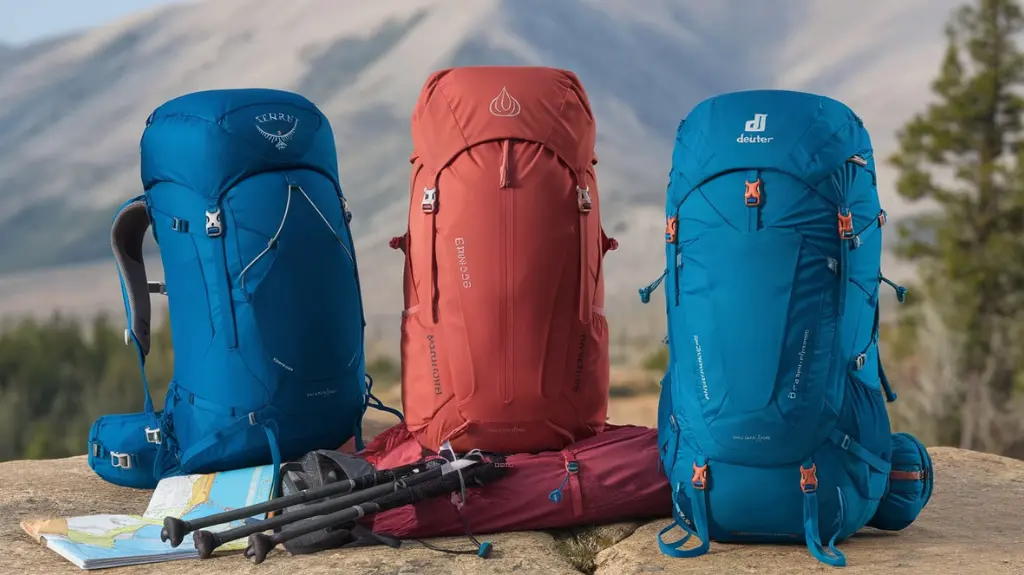 A display of top-rated backpacking backpacks with hiking essentials and feature highlights.