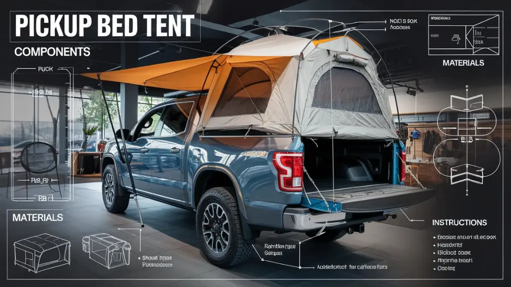 A detailed guide on selecting the best pickup bed tent, featuring diagrams of components and setup instructions. 