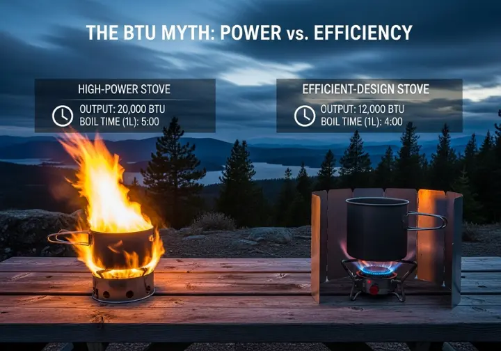 An infographic titled 'The BTU Myth' comparing two camping stoves at a windy campsite, showing how a lower-BTU stove with an efficient design boils water faster than a high-BTU stove with a wide, unprotected flame.