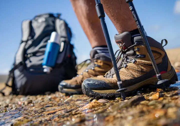 Close-up of a hiker's muddy boots and trekking poles on a wet Kalalau Trail, representing essential on-trail intelligence for safety and gear.