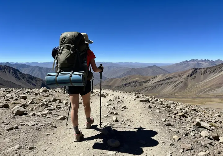 A full-body shot of a female thru-hiker with a backpack walking along a remote mountain trail, representing a globetrotting adventurer.