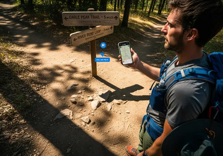 A full-body photograph of a hiker standing at a trail junction, using a navigation app on their smartphone to find their way.