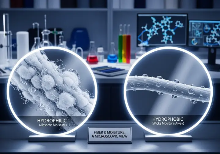 A scientific infographic comparing hydrophilic and hydrophobic fibers, displayed as two powerful microscopic views in a textile lab. One view shows waterlogged cotton fibers, and the other shows water beading on merino wool fibers.