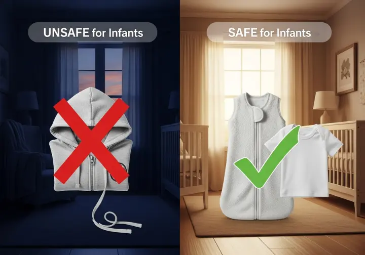A side-by-side diagram comparing unsafe and safe infant clothing. The left panel, titled 'UNSAFE for Infants,' shows a hooded garment and a drawstring, overlaid with a large red 'X'. The right panel, titled 'SAFE for Infants,' shows a snug-collared shirt and a wearable sleep sack, overlaid with a green checkmark.