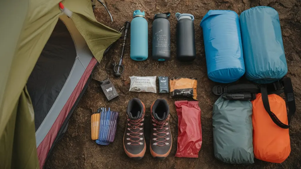 Essential gear for the Kalalau Trail, including a lightweight tent, hiking boots, and dry bags, highlighting packing tips and weight management.