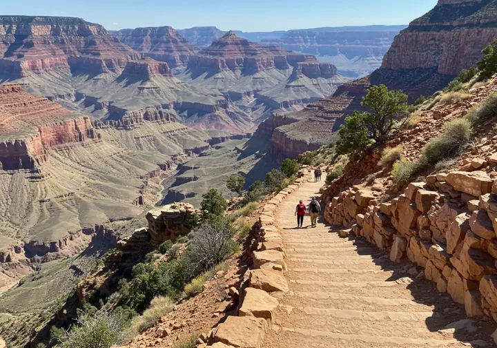 Hiking down the winding Bright Angel Trail