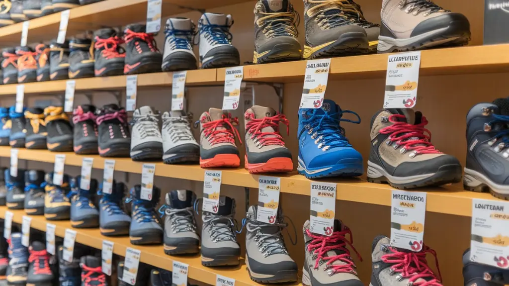 A collection of female hiking boots displayed by type, including lightweight, waterproof, and rugged options.