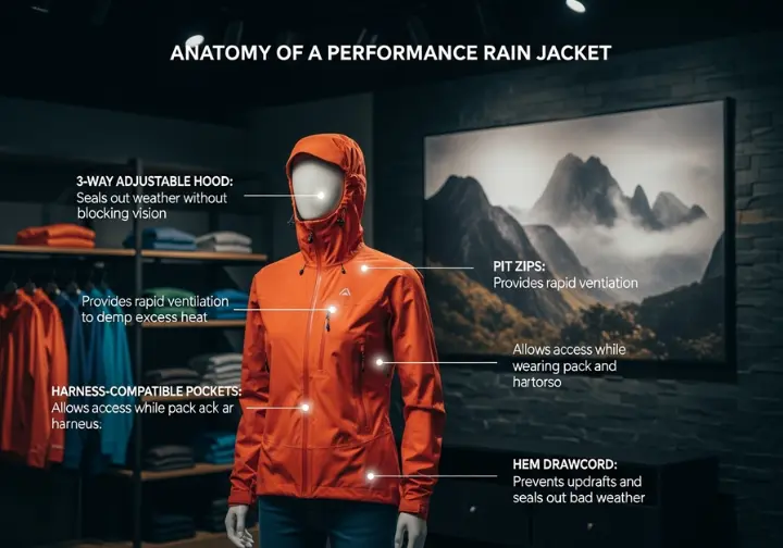 An infographic detailing the features of a modern performance rain jacket, such as pit zips and a 3-way adjustable hood, displayed on a mannequin in a high-end outdoor gear showroom.