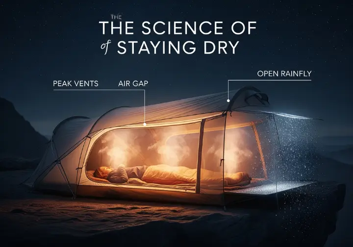 An infographic showing a cross-section of a double-wall tent at night, illustrating how airflow, peak vents, and an air gap manage condensation.