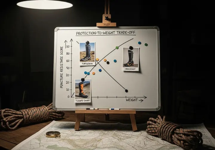 A photorealistic comparison chart on a large magnetic board in a rustic workshop, illustrating the protection-to-weight trade-off for snake gaiters. Product tags for Turtleskin, Crackshot, and TUXAPO are used as data points.