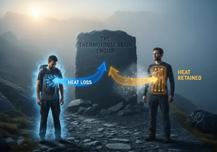 An infographic set on a misty mountain trail, visually comparing a hiker in wet cotton losing body heat to a hiker in a dry performance synthetic retaining body heat.