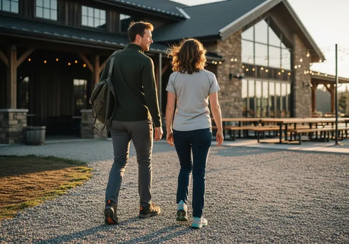 A full-body shot of a stylishly dressed couple walking from a trail towards a brewery patio at sunset.