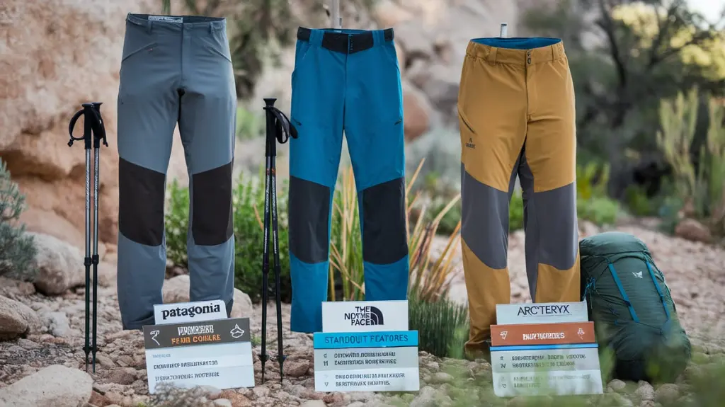 A display of top-rated men’s hiking pants with expert reviews and feature highlights. 