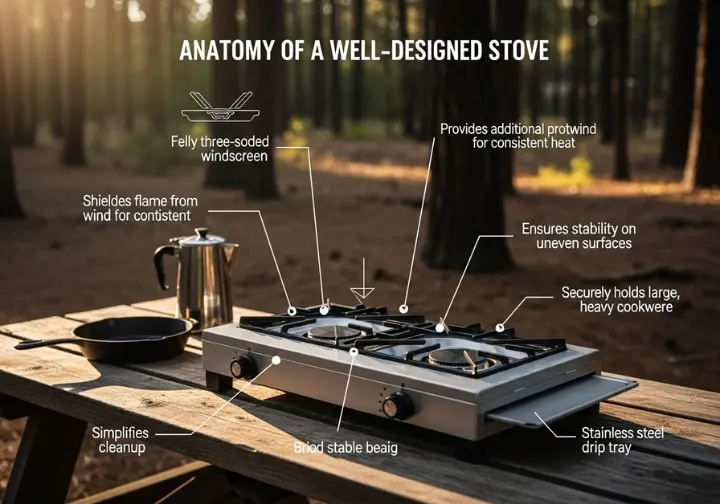 A diagram illustrating the key design features of a high-performance tabletop camping stove, including its windscreen and recessed burner, presented in a realistic forest campsite setting.