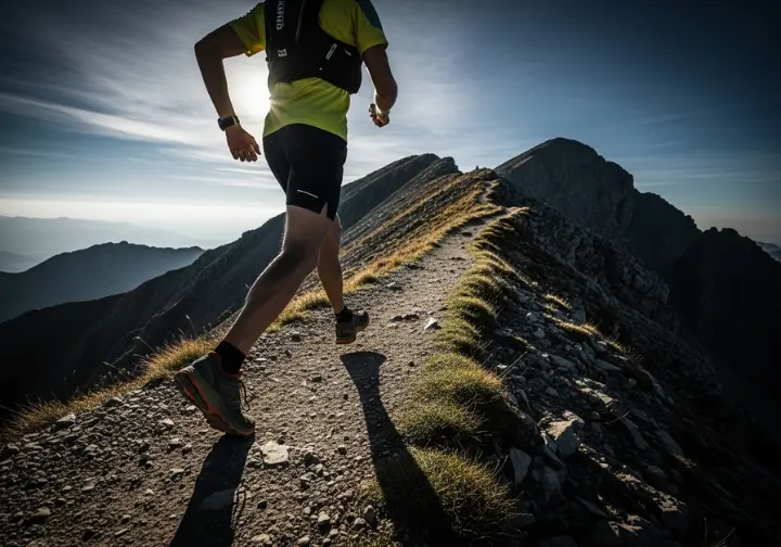 A full-body shot of a hiker in minimalist gear moving quickly along a mountain ridgeline trail.