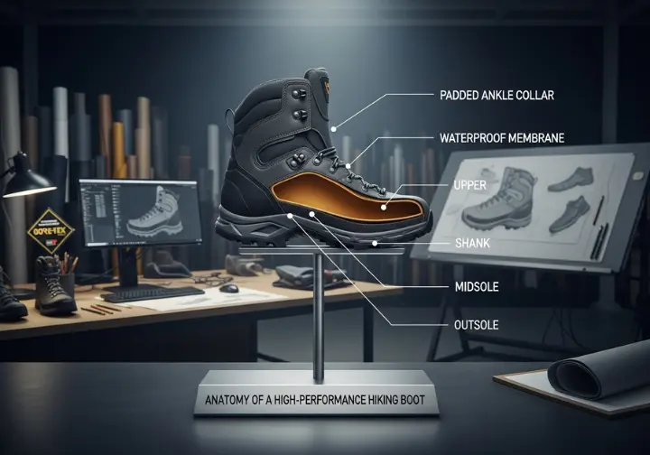 A detailed cross-section diagram of a high-performance hiking boot, showing internal components like the shank, midsole, and waterproof membrane, displayed as a physical object in a high-tech footwear design lab.