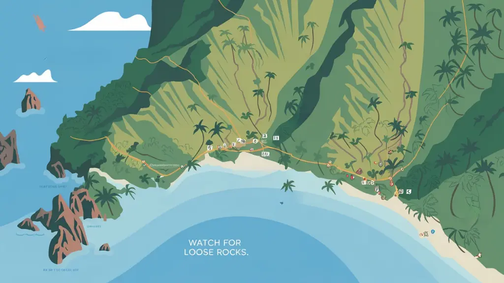 A map of the Kalalau Trail with milestones and safety tips, helping hikers navigate the trek effectively.