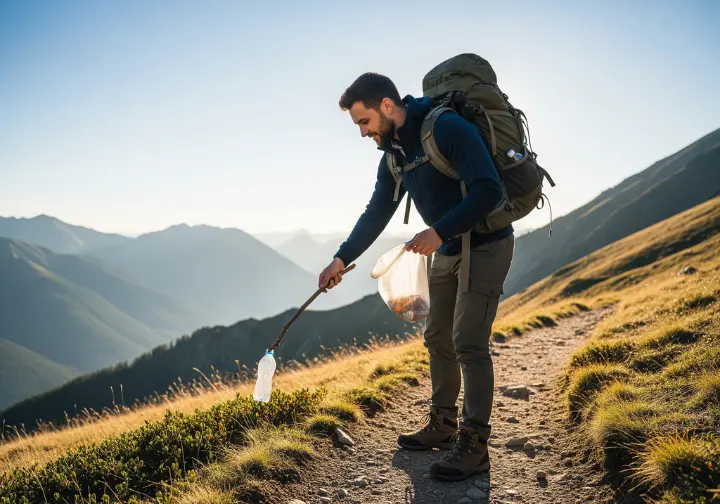 A hiker in a full-body shot practices Leave No Trace by picking up a piece of litter from the side of a scenic mountain trail.