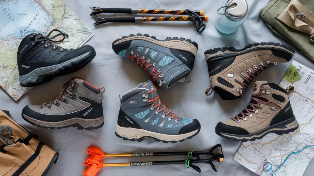 Top female hiking boots with stylish and functional designs, placed alongside outdoor adventure gear. 