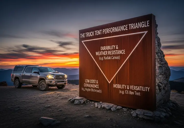 An atmospheric diagram showing the Truck Tent Performance Triangle, depicted as a massive, weathered steel monument at a mountain overlook next to a pickup truck at sunset. The vertices are labeled Durability, Low Cost, and Mobility.