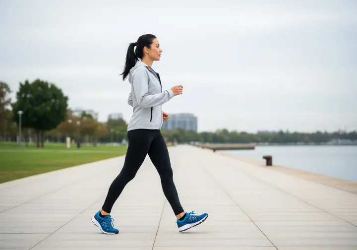 A full-body shot of a woman in fitness attire walking briskly on a paved path, showcasing footwear for comfort-focused walking.