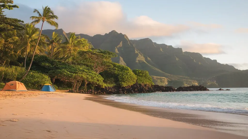 A stunning view of Kalalau Beach with tents pitched near the forest, showcasing the serene reward for completing the challenging trail.