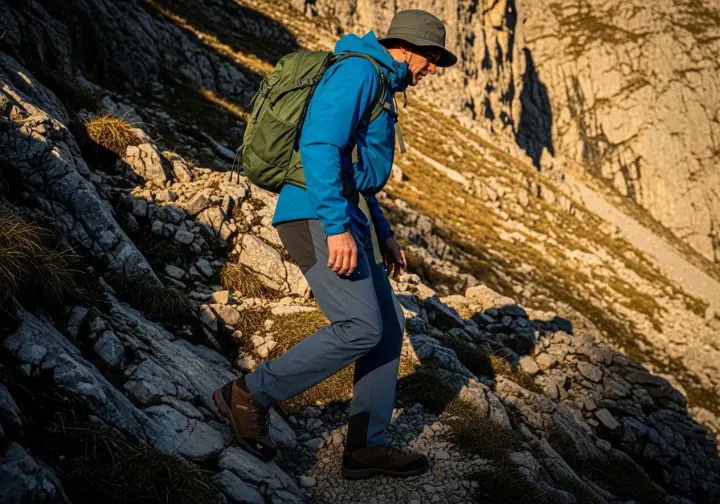 A full-body shot of a hiker in rugged gear carefully descending a steep, rocky mountain trail.