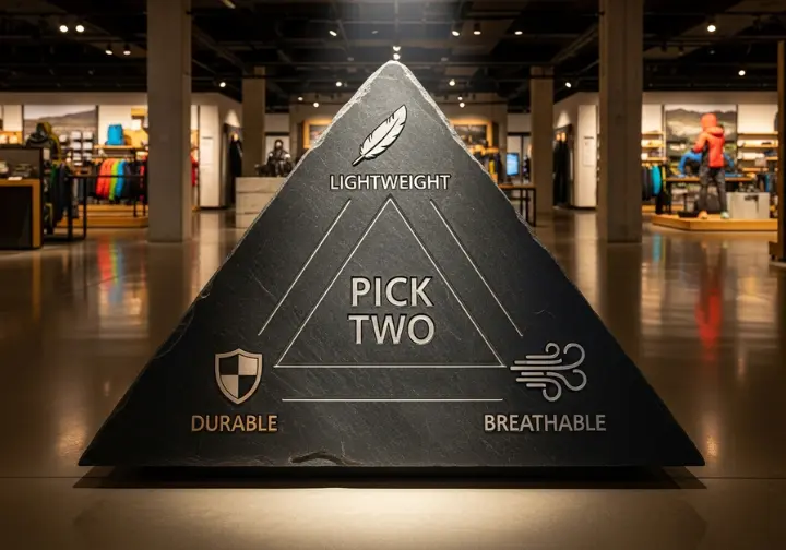 A diagram illustrating the "pick two" trade-off in hiking shoes between Lightweight, Durable, and Breathable, presented as a high-end display in a gear store.