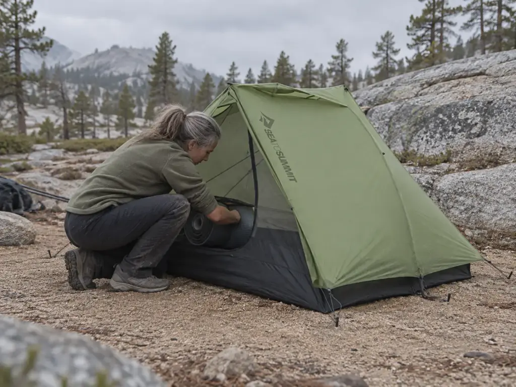 Two-person backpacking tent pitched on granite in the Sierra Nevada under flat overcast light