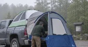 Pickup Truck Bed Tent Types Explained for Hikers Pickup truck bed tent pitched in a pickup bed at a gravel trailhead lot on a grey morning