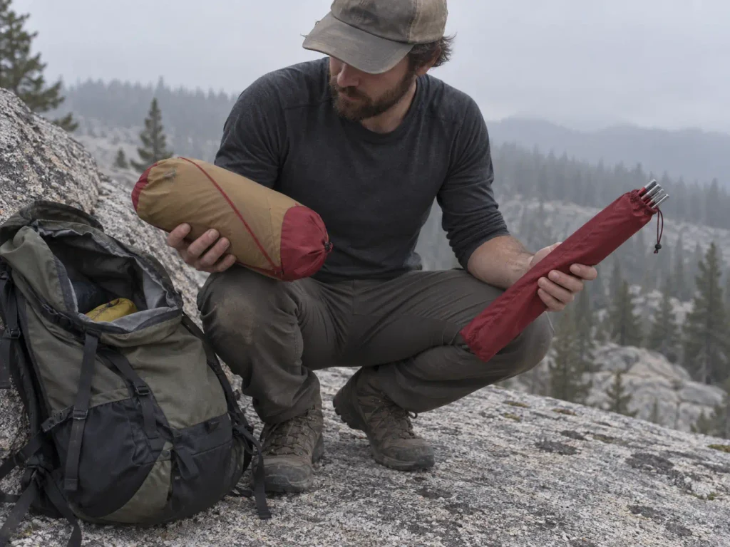 Packed backpacking tent and its pole set held in one hand beside a loaded pack