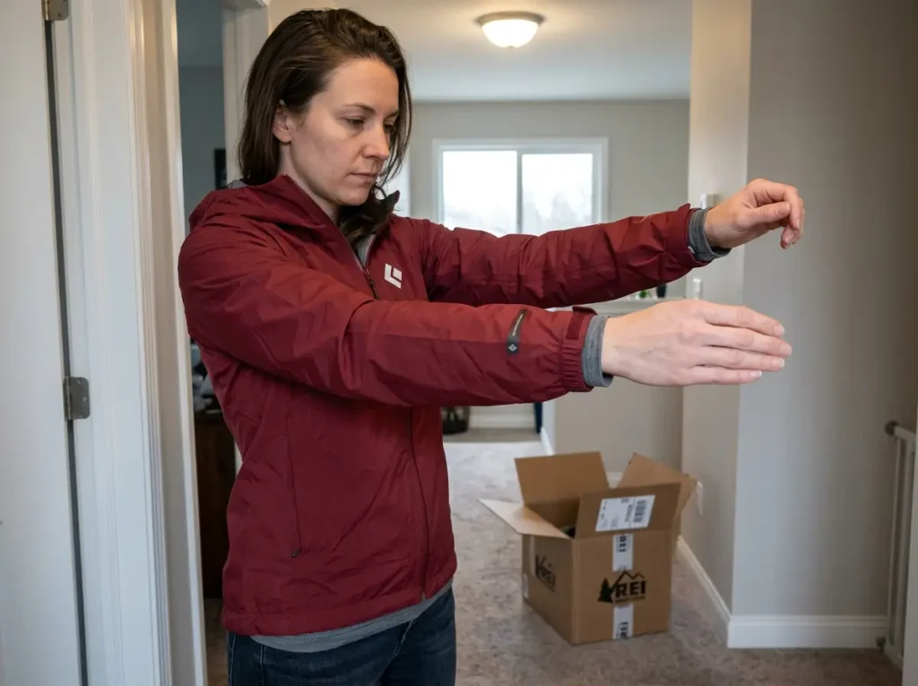Woman testing sleeve reach on a new women's waterproof rain jacket at home before the return window closes