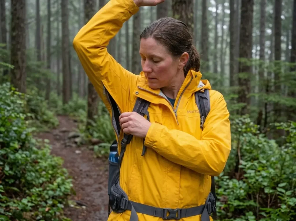 Hiker opening the pit zip on a Marmot PreCip Eco waterproof rain jacket on a wet trail