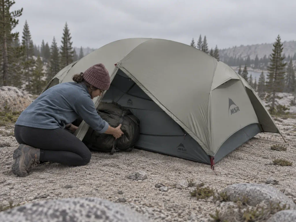 Hiker loading a pack into the vestibule of a two-door backpacking tent in the Sierra Nevada