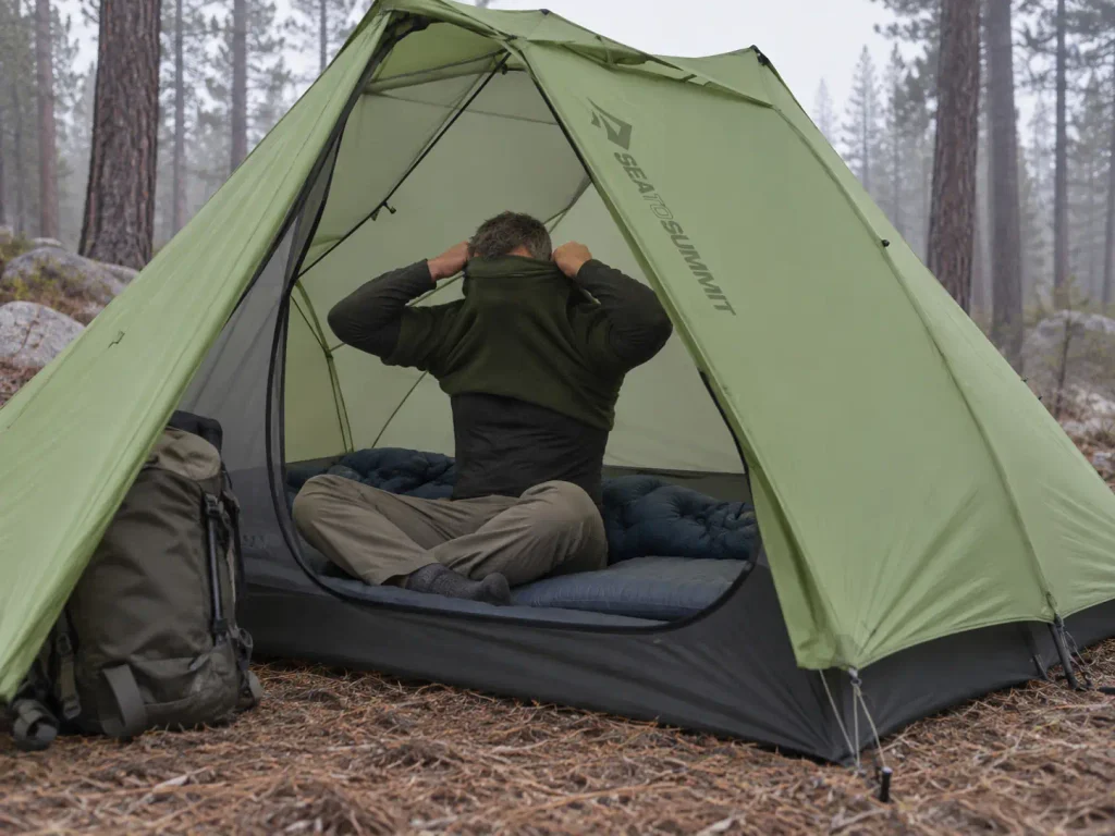 Hiker sitting upright inside a high-peak two-person backpacking tent with room overhead