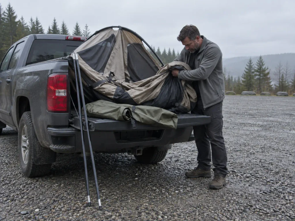 Hiker breaking down a truck bed tent at a trailhead lot before driving the pickup